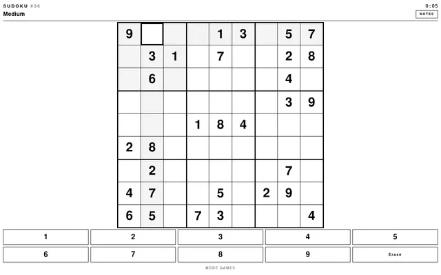 doce.games Sudoku #36, Medium: a nine by nine grid with its given digits, a timer and a number pad below