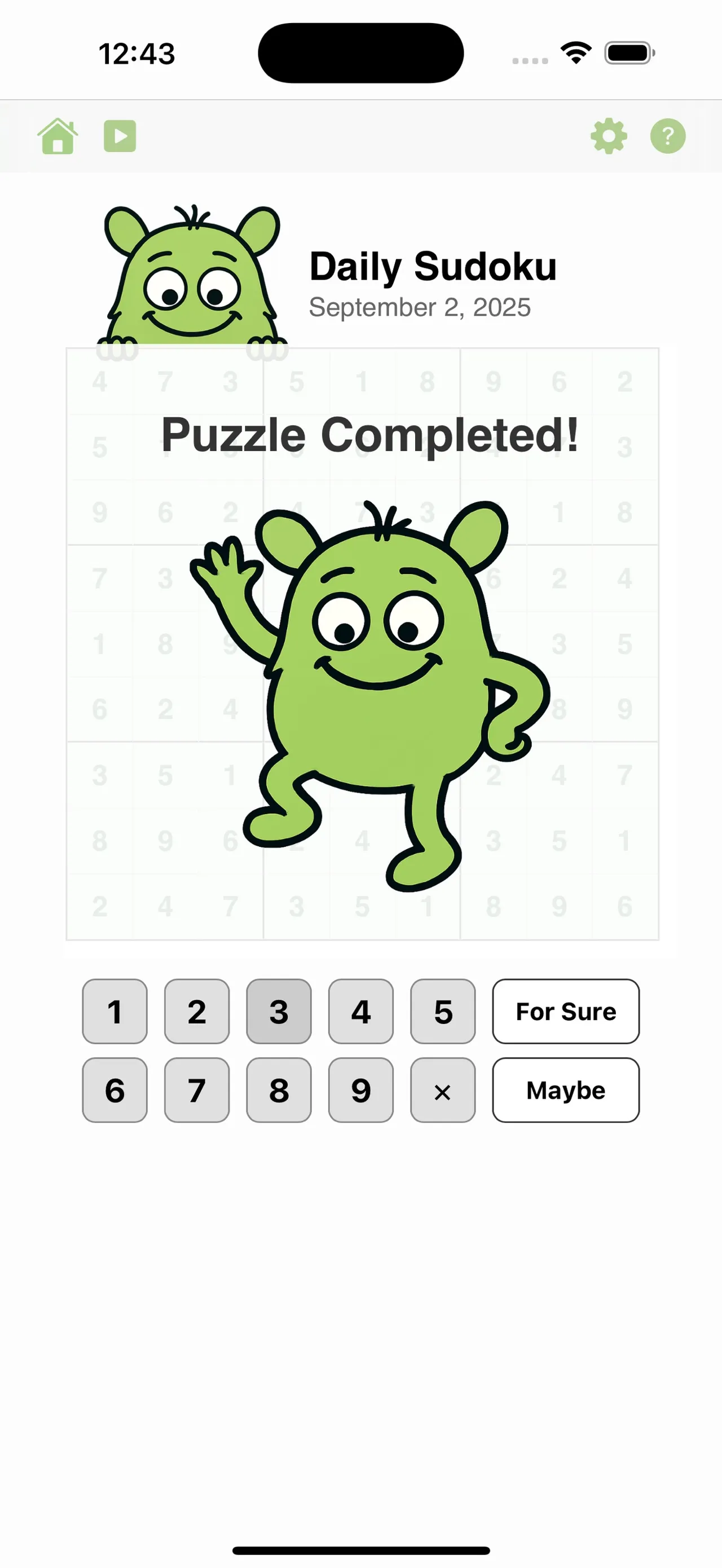 Daily Sudoku Puzzle Completed screen with the green mascot over the finished grid