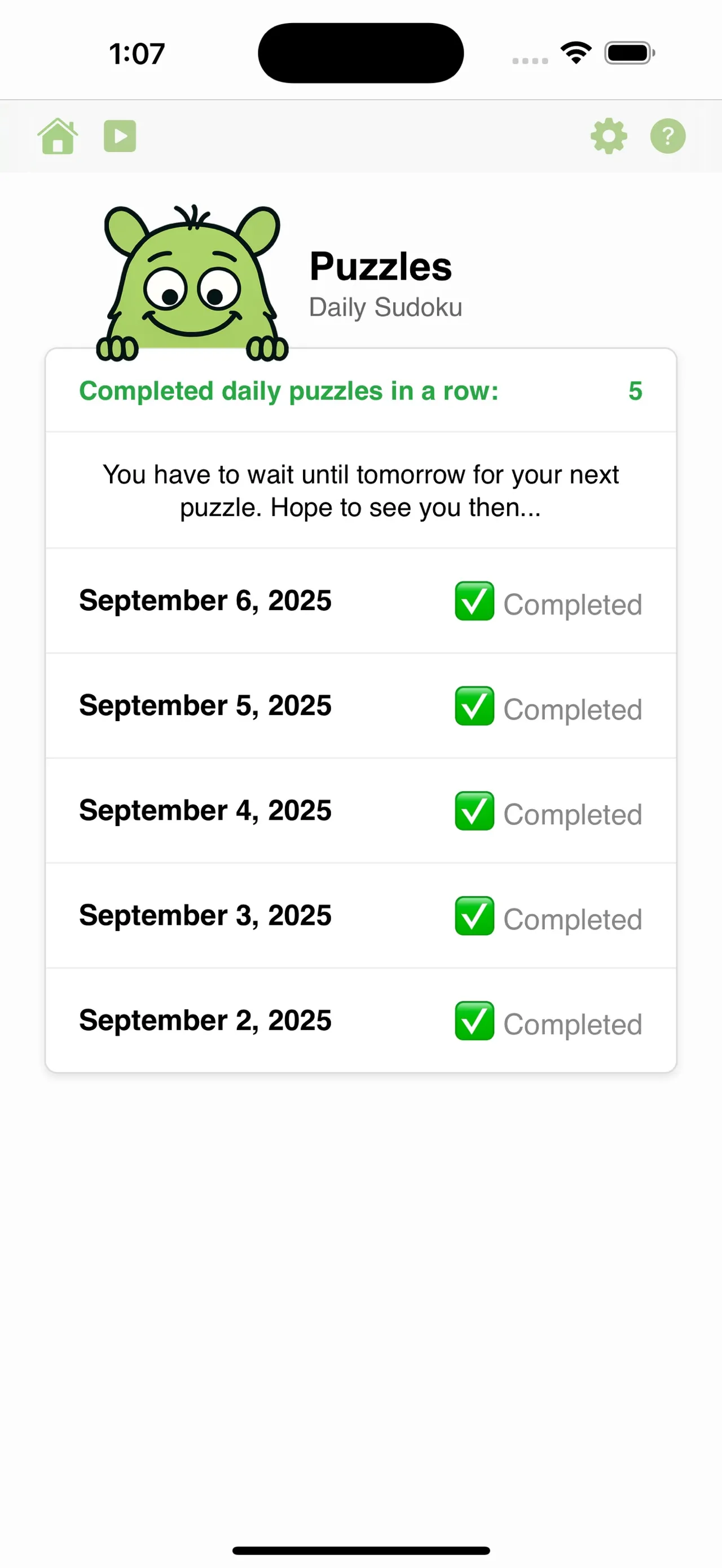 Daily Sudoku Puzzles screen: five daily puzzles in a row, September 2 to 6, 2025, each marked Completed
