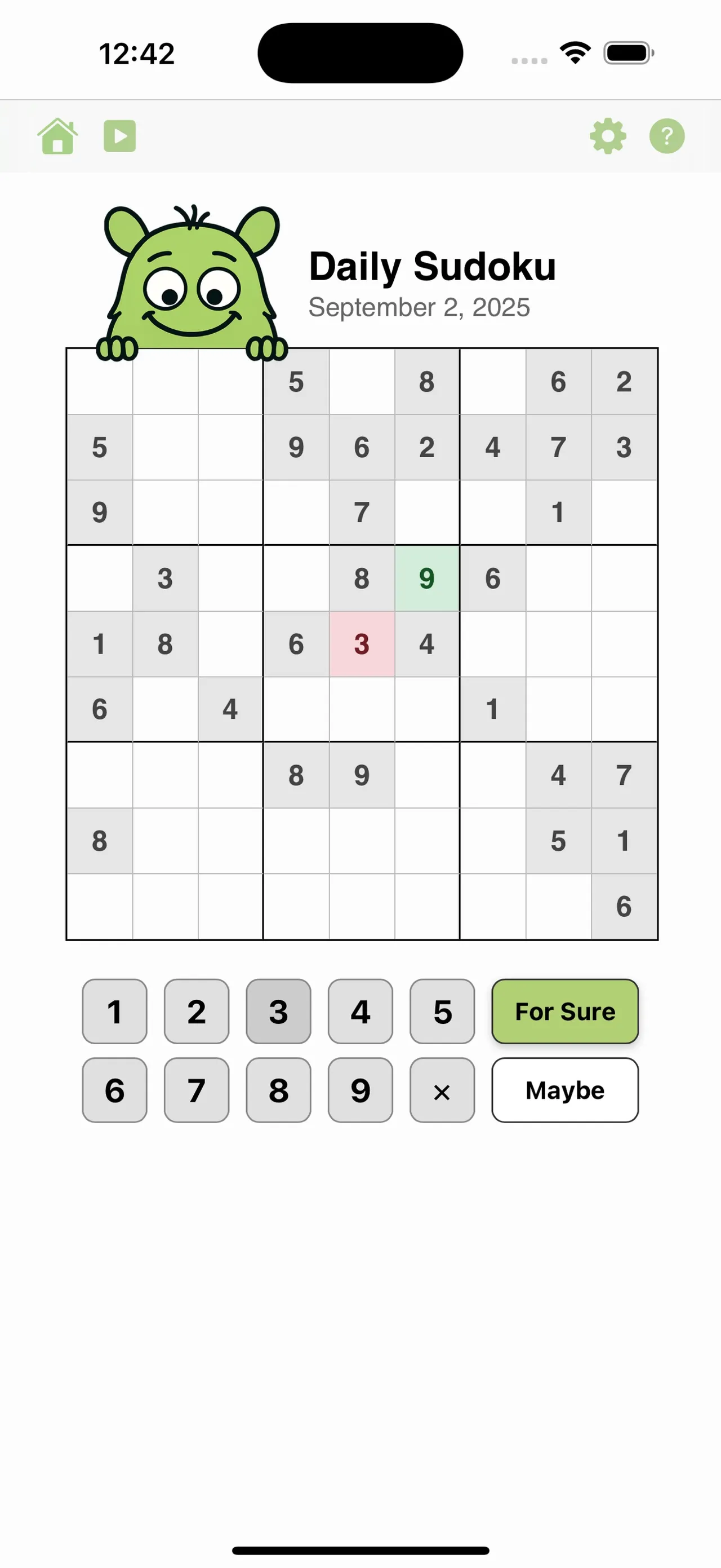 Daily Sudoku puzzle for September 2, 2025: a 9x9 grid with one correct entry in green and one wrong in red, number pad with For Sure and Maybe modes