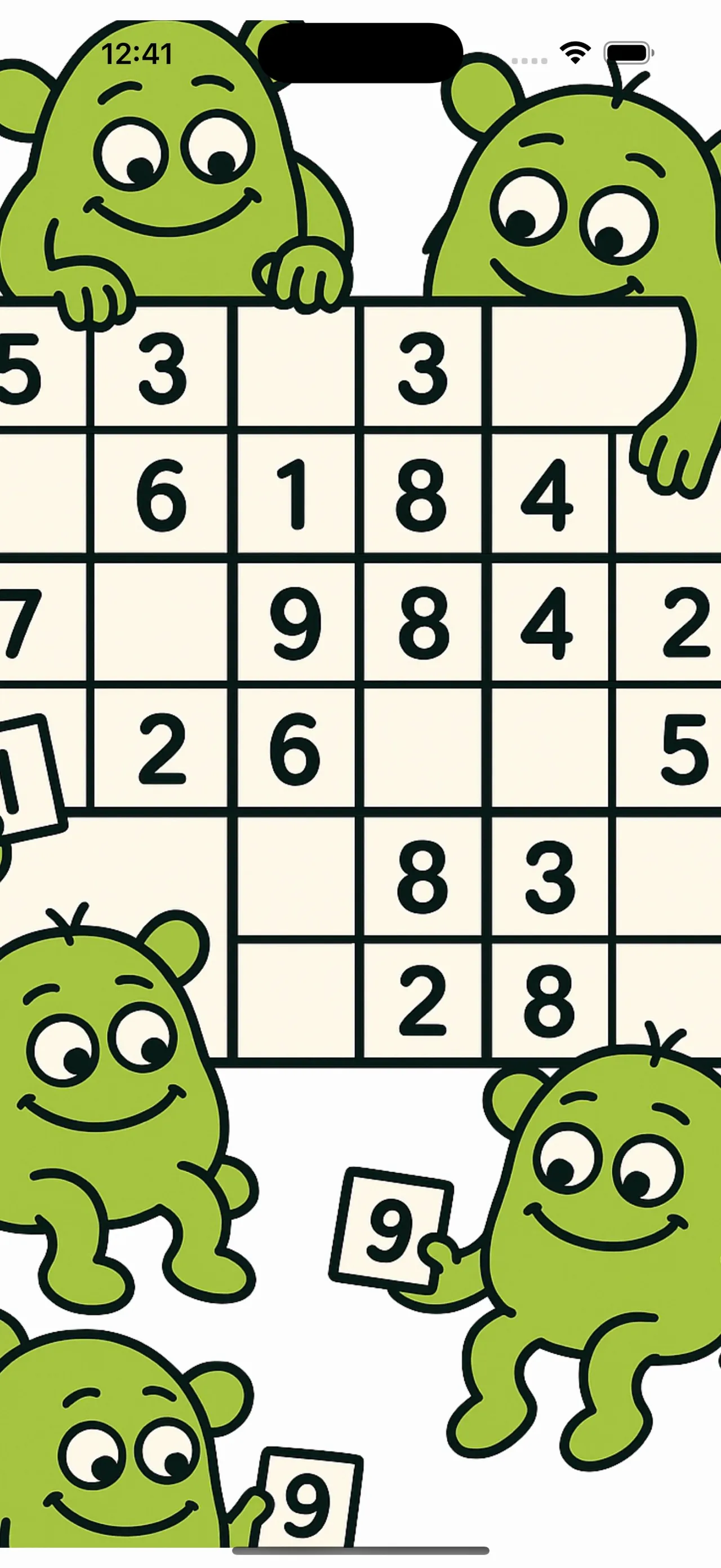 Daily Sudoku App Store art: green mascots around a sudoku grid