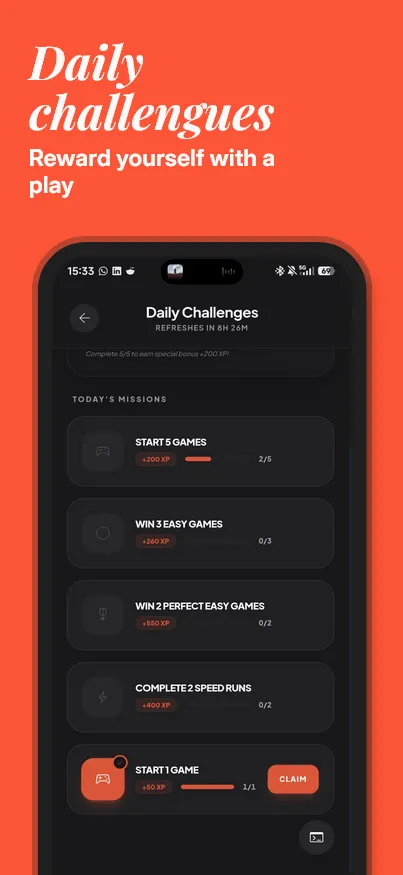Sudoko! Daily Challenges screen listing the day's five XP missions