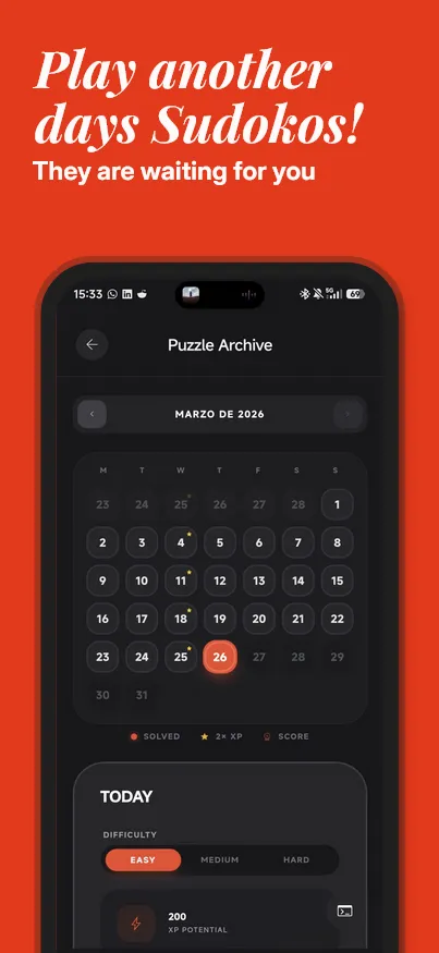 Sudoko! Puzzle Archive calendar of past days with easy, medium and hard choices