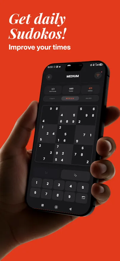 Sudoko! on a phone showing a medium daily sudoku grid with mistakes, timer and hints counters
