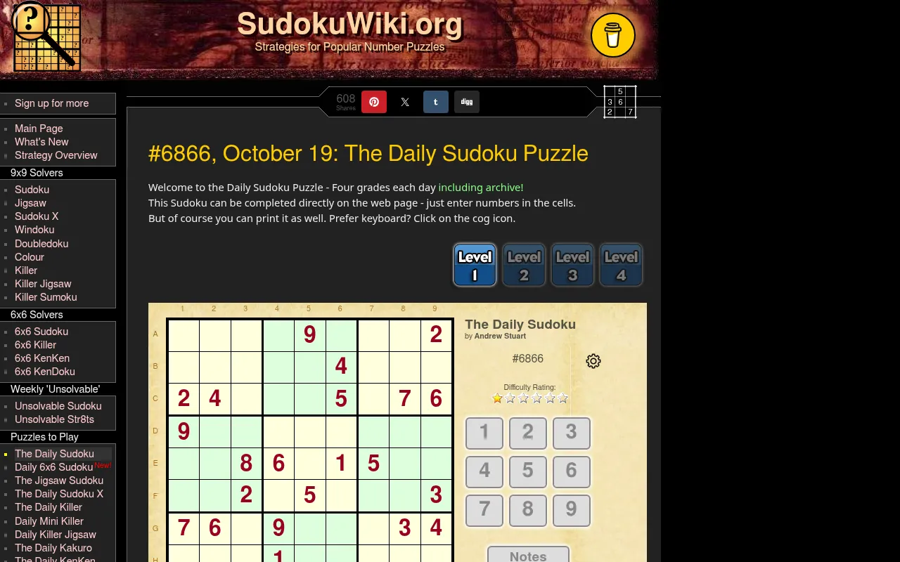 SudokuWiki Daily Sudoku #6866 for October 19 at Level 1: the 9x9 grid with its given digits, a one-star difficulty rating, the Level 1 to 4 buttons and the number pad