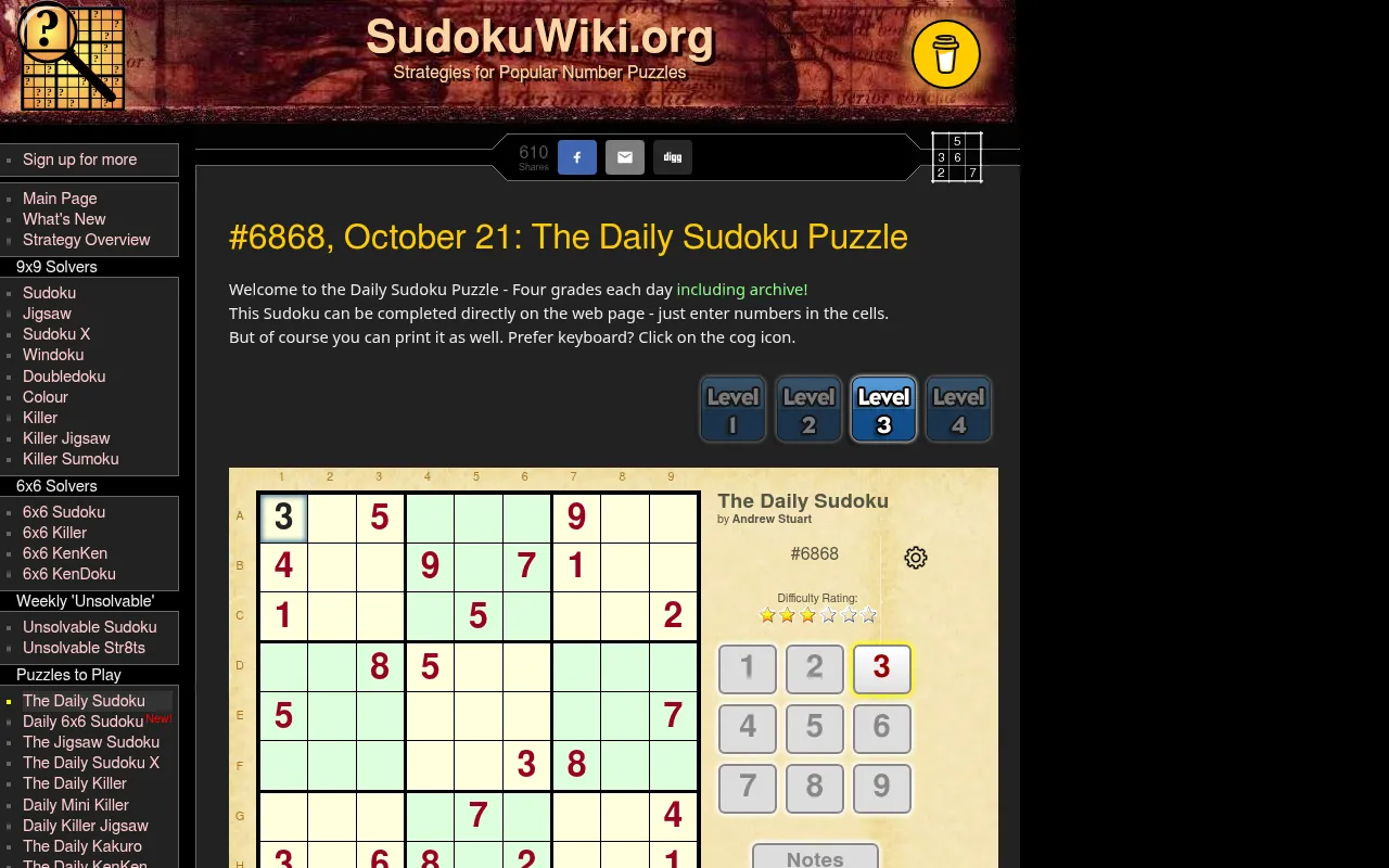 SudokuWiki Daily Sudoku #6868 for October 21 at Level 3, a 3 just entered in the top left cell, with the Level 1 to 4 buttons, a three-star rating and the number pad