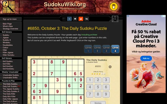 SudokuWiki page for #6850, October 3: The Daily Sudoku Puzzle by Andrew Stuart, with Level 1 to 4 buttons, the playable grid with its given digits, a four-star difficulty rating and a number pad; an a