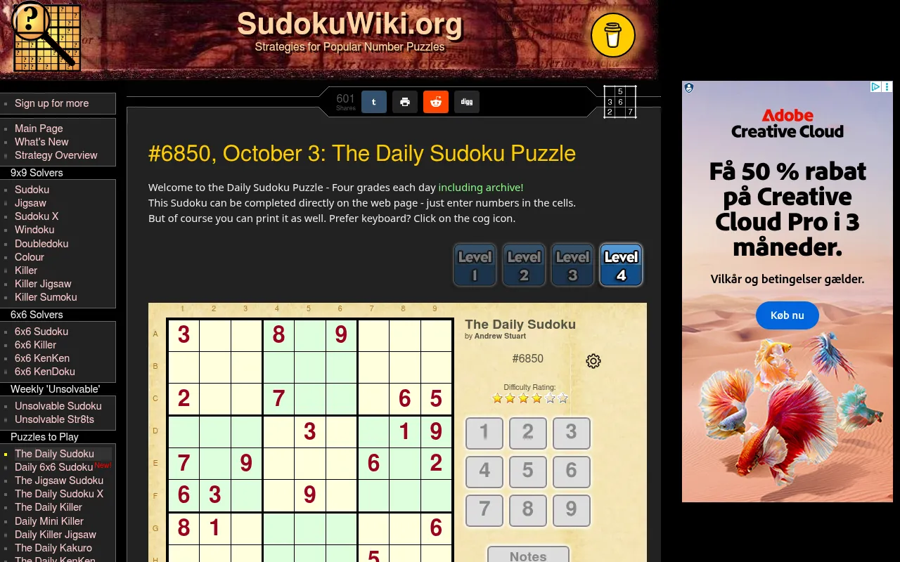 SudokuWiki page for #6850, October 3: The Daily Sudoku Puzzle by Andrew Stuart, with Level 1 to 4 buttons, the playable grid with its given digits, a four-star difficulty rating and a number pad; an a
