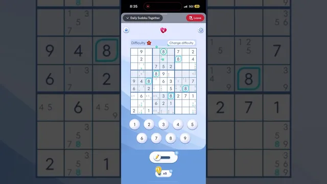 Daily Sudoku Together in play inside Discord on a phone: a 9x9 grid part filled, with pencil notes, the 8s highlighted and a 1 to 9 number pad below