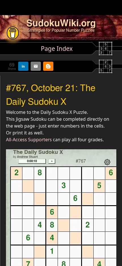 The Daily Sudoku X #767 at phone size: the heading for October 21 and the grid with its shaded diagonals filling the screen width