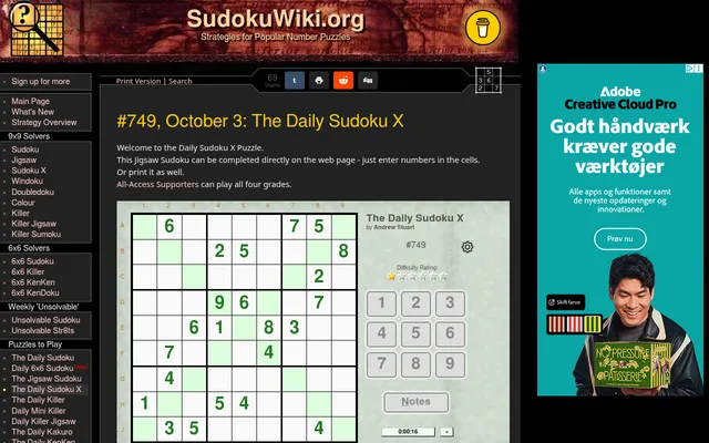 SudokuWiki page for #749, October 3: The Daily Sudoku X by Andrew Stuart, a 9x9 grid with its two diagonals shaded green, a one-star difficulty rating, number pad, Notes button and timer; an ad sits a