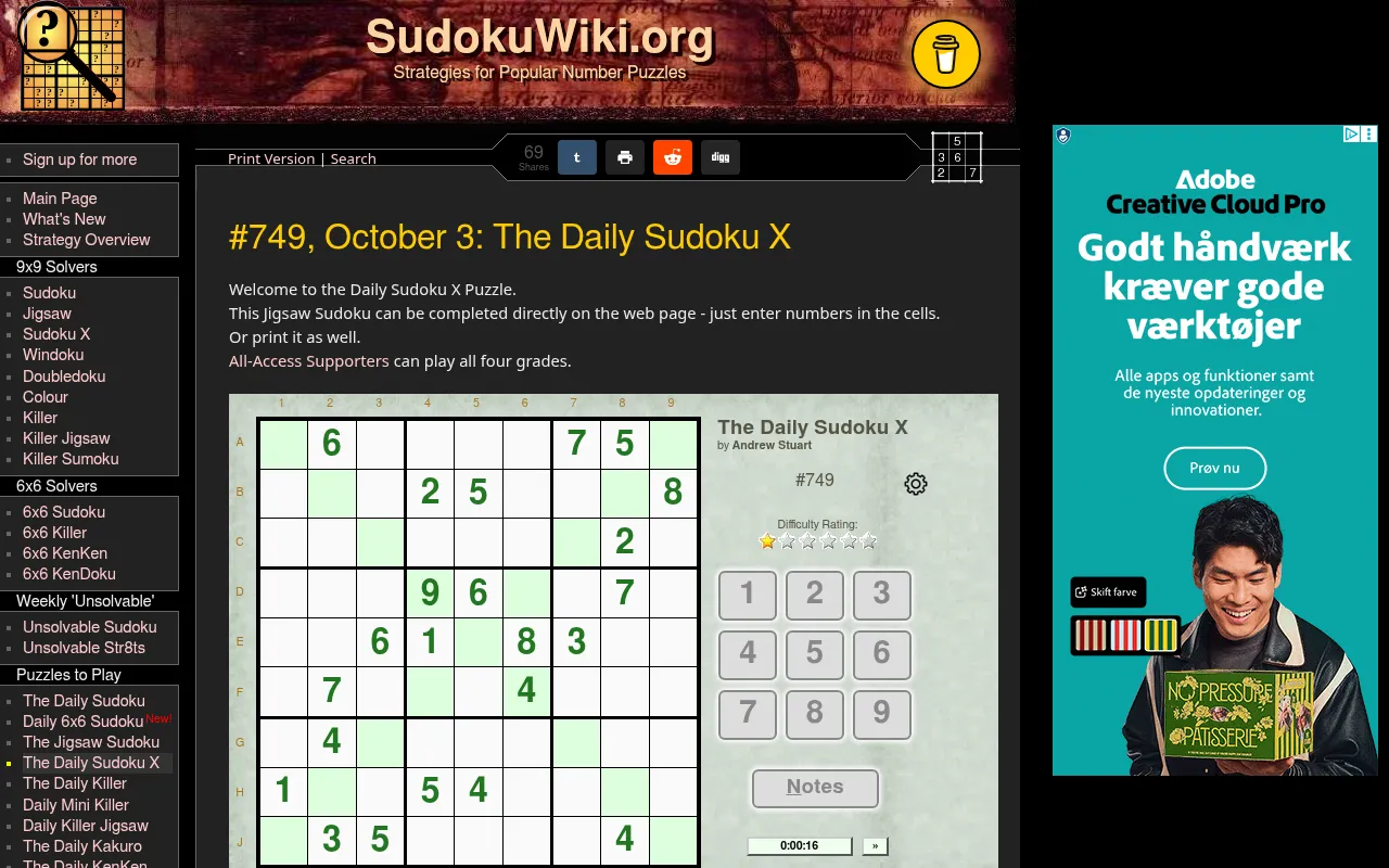 SudokuWiki page for #749, October 3: The Daily Sudoku X by Andrew Stuart, a 9x9 grid with its two diagonals shaded green, a one-star difficulty rating, number pad, Notes button and timer; an ad sits a