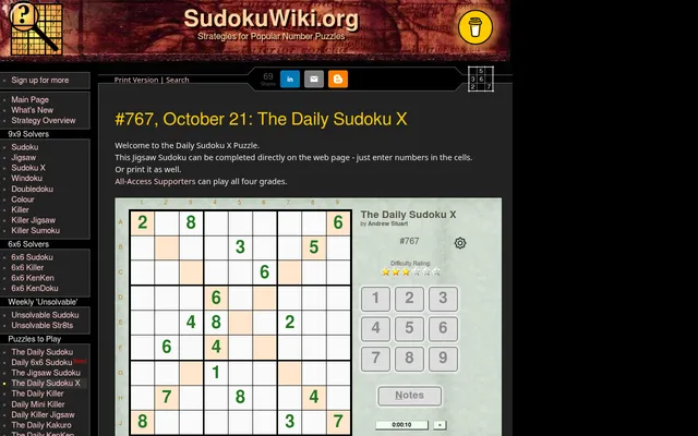 SudokuWiki's Daily Sudoku X #767 for October 21: a 9x9 grid with both diagonals shaded, a three-star difficulty rating, the number pad, Notes button and timer