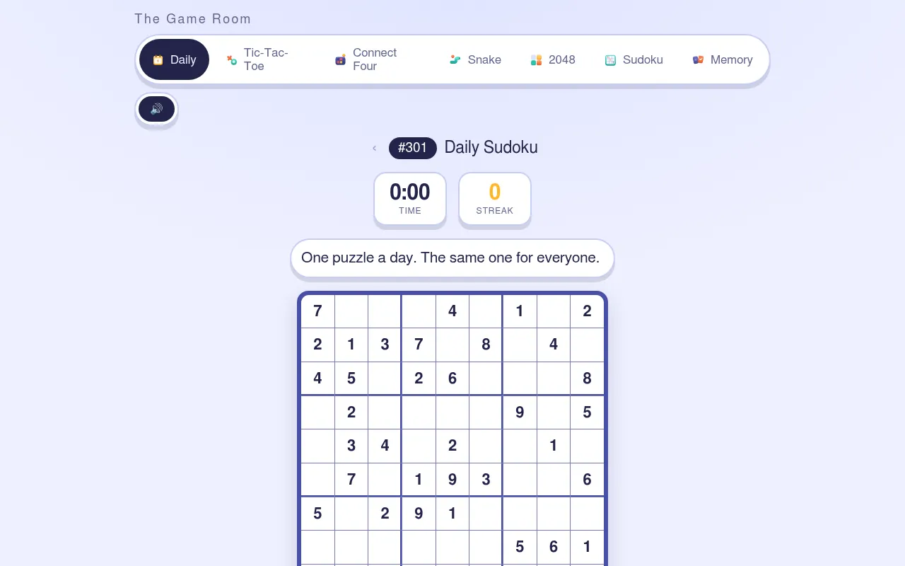 Daily Sudoku #301 on a desktop: The Game Room's menu of games above the numbered daily grid, its timer and streak