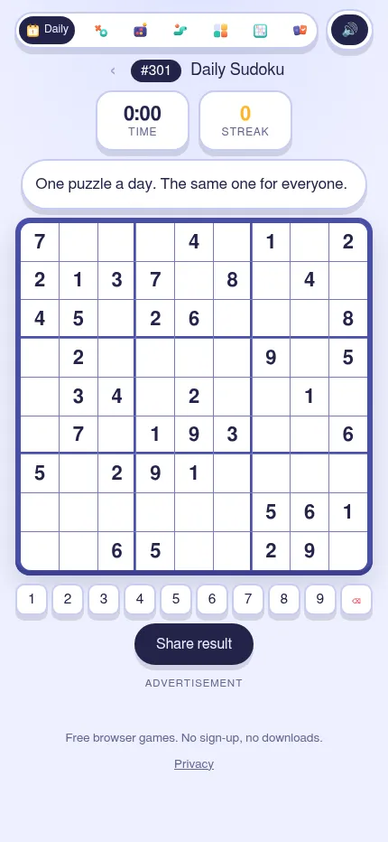 Daily Sudoku #301 on xoxoxo.live at phone size: today's 9x9 grid with its given digits, the timer and streak above, the 1 to 9 pad and Share result button below