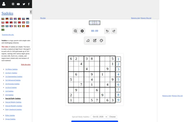 The Special Daily Sudoku for 2 October 2026 on puzzle-sudoku.com: a 9x9 grid with its given digits, the 1 to 9 number pad beside it and the date picker below