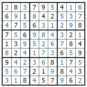 A completed 9x9 sudoku grid with the given digits in black and the solved digits in blue