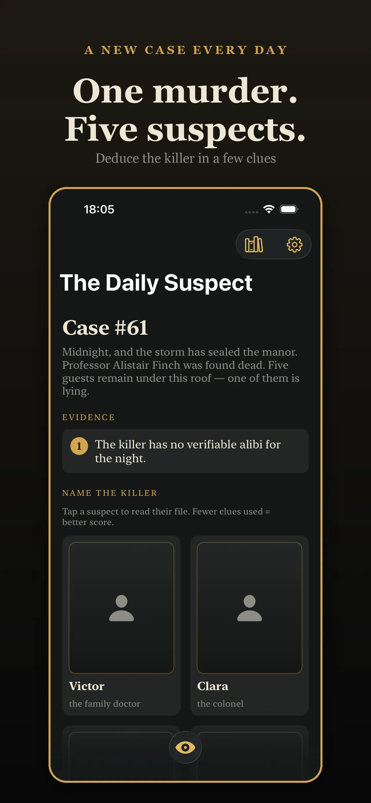 Daily Suspect case #61: a manor murder scene, the first piece of evidence and cards for the suspects