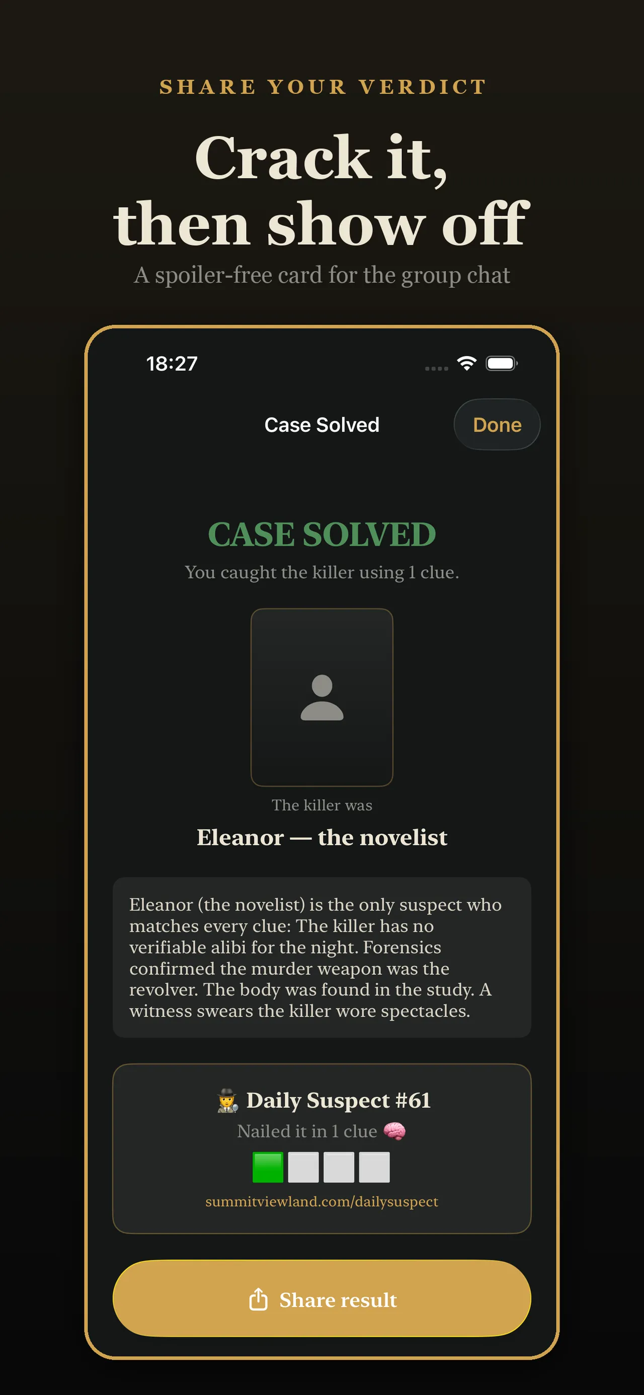 Daily Suspect's Case Solved screen naming the killer, explaining the clues and showing a shareable result card