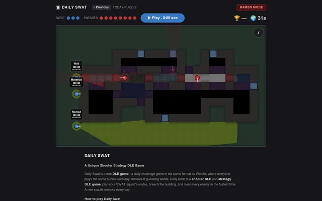 Daily Swat's daily puzzle: a top-down building with officers Wolf, Maverick and Nomad outside on the left, nine red enemy markers and the Play button above
