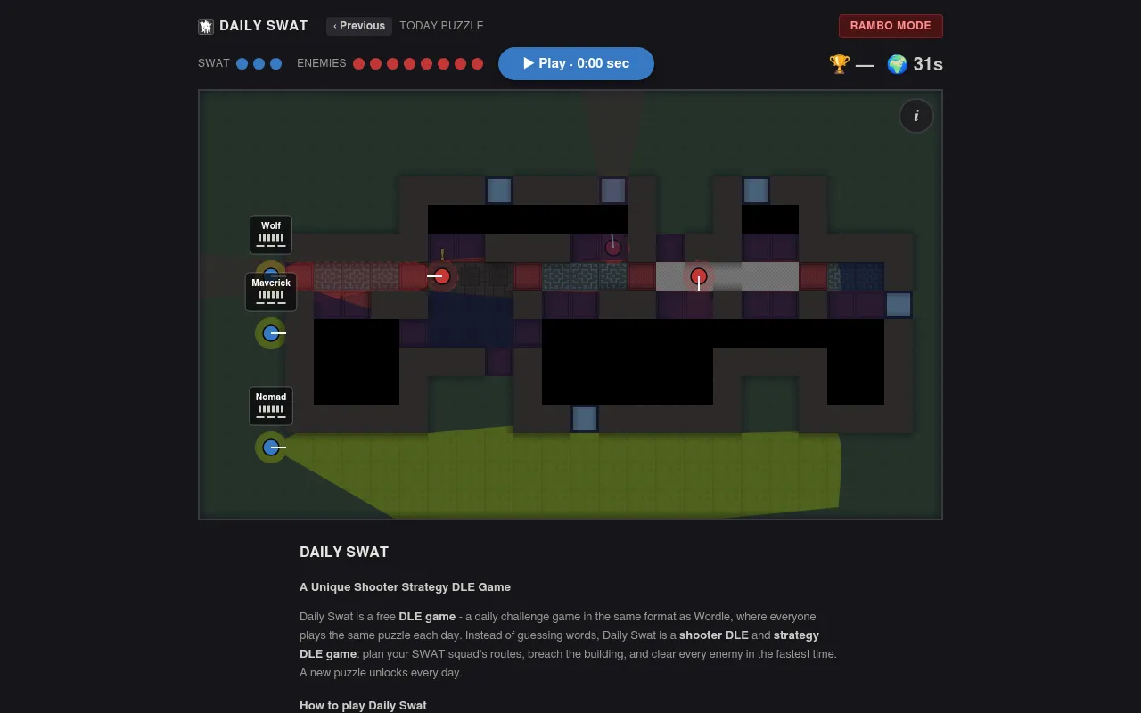 Daily Swat's daily puzzle: a top-down building with officers Wolf, Maverick and Nomad outside on the left, nine red enemy markers and the Play button above
