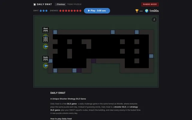 Daily Swat's puzzle of 23 October 2026 on a desktop: a dark top-down building with officers Ghost, Cobra and Quake outside, eight enemies listed and the Play button above