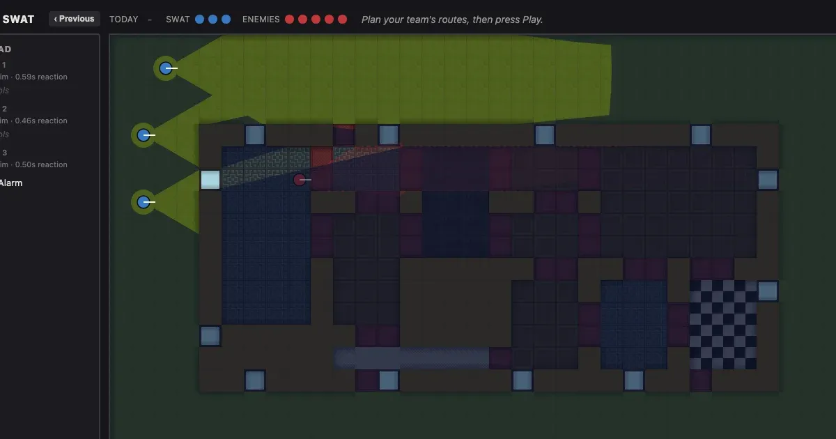 Daily Swat planning view: three blue SWAT officers outside a dark building of rooms and windows, with the squad list and Alarm gear on the left