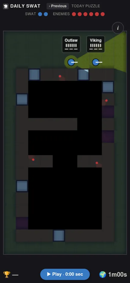 Daily Swat at phone size on 23 October 2026: a tall building layout with officers Outlaw and Viking at the top, six enemies and the Play button below