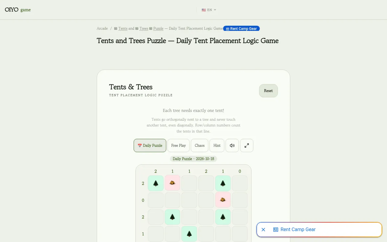 The daily Tents and Trees board after two tents are placed, both marked red because they break the row count and touch diagonally