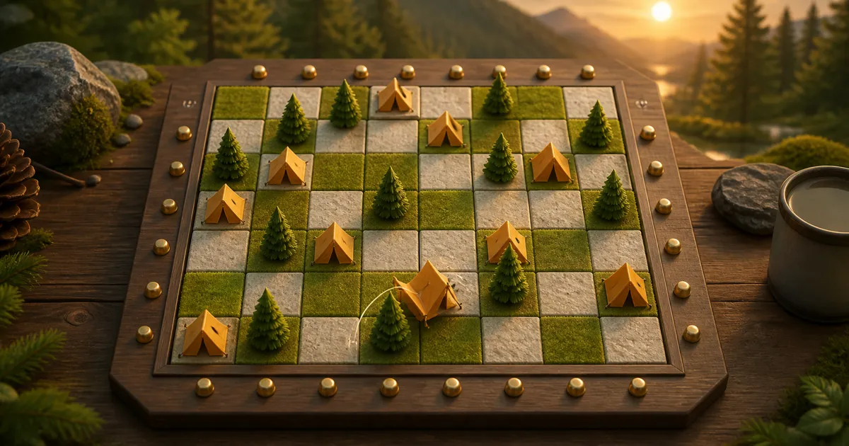 OIYO's Tents and Trees card: a wooden board of grass and stone squares with green trees and orange tents placed beside them
