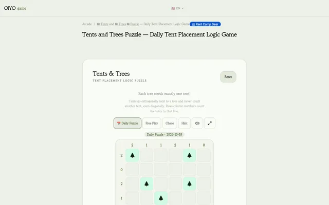 Today's Daily Tents and Trees board on OIYO Arcade, dated 2026-10-18: a 6 by 6 grid with trees and the row and column tent counts