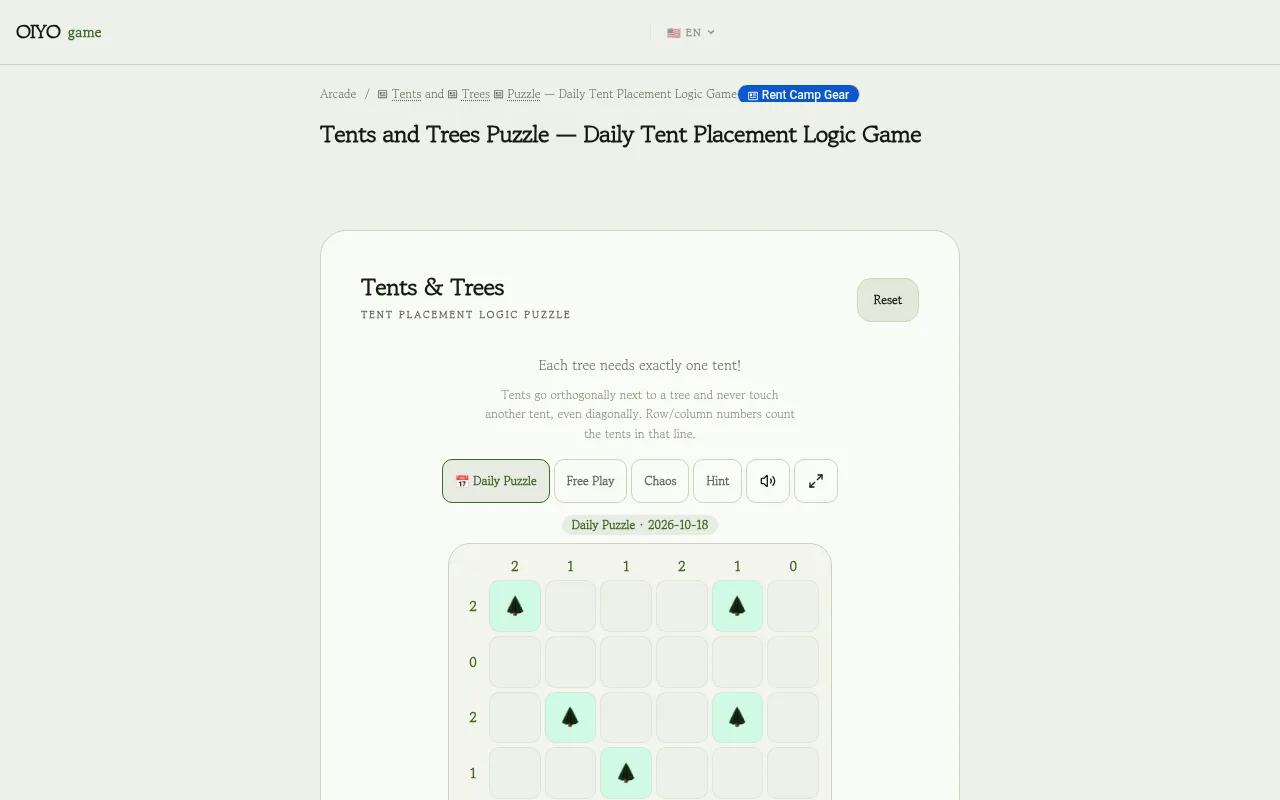Today's Daily Tents and Trees board on OIYO Arcade, dated 2026-10-18: a 6 by 6 grid with trees and the row and column tent counts