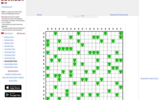 The Special Daily Tents on puzzle-tents.com: a 20x20 grid of trees with tent counts above each column and beside each row
