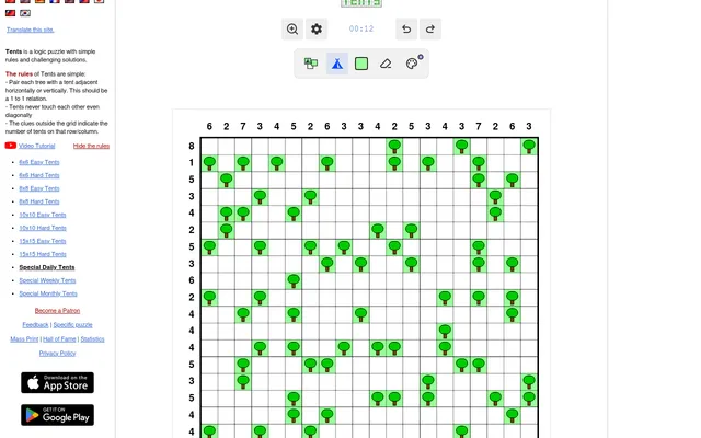 The Special Daily Tents for 21 October 2026 on puzzle-tents.com: a 20x20 grid of trees with tent counts above each column and beside each row
