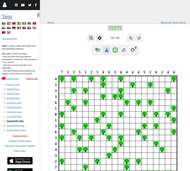 The Special Daily Tents on puzzle-tents.com: a large grid of trees with tent counts along the top and left edges, next to the rules
