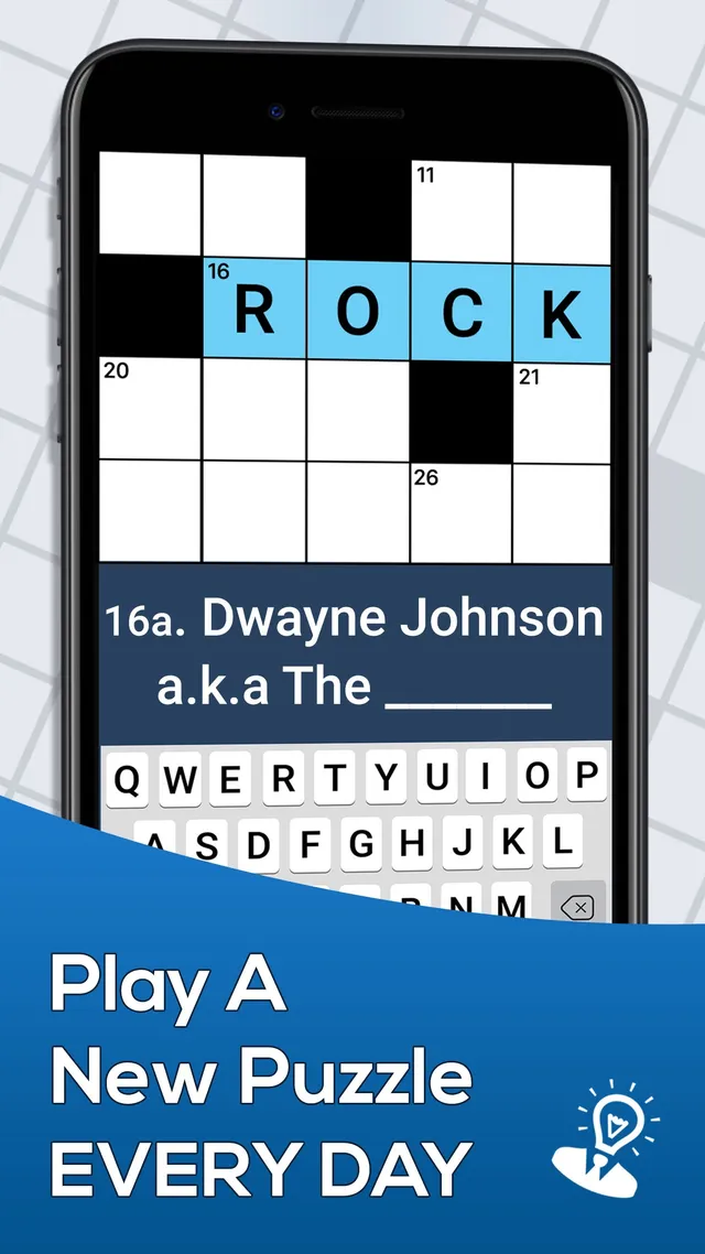 App Store screenshot: crossword grid with ROCK filled in for the clue Dwayne Johnson a.k.a The ___, captioned Play A New Puzzle Every Day