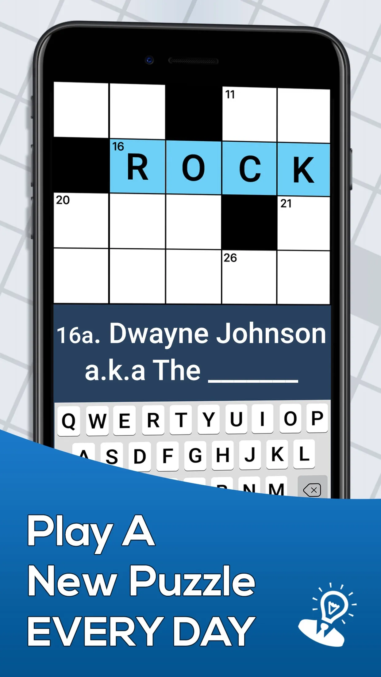 App Store screenshot: crossword grid with ROCK filled in for the clue Dwayne Johnson a.k.a The ___, captioned Play A New Puzzle Every Day