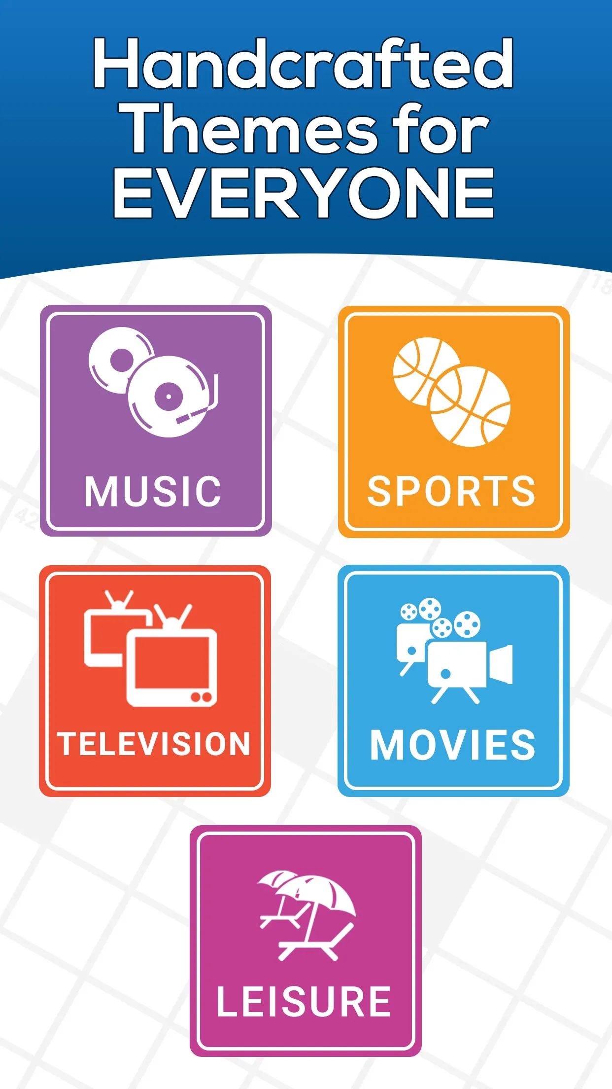 App Store screenshot of theme tiles: Music, Sports, Television, Movies, Leisure