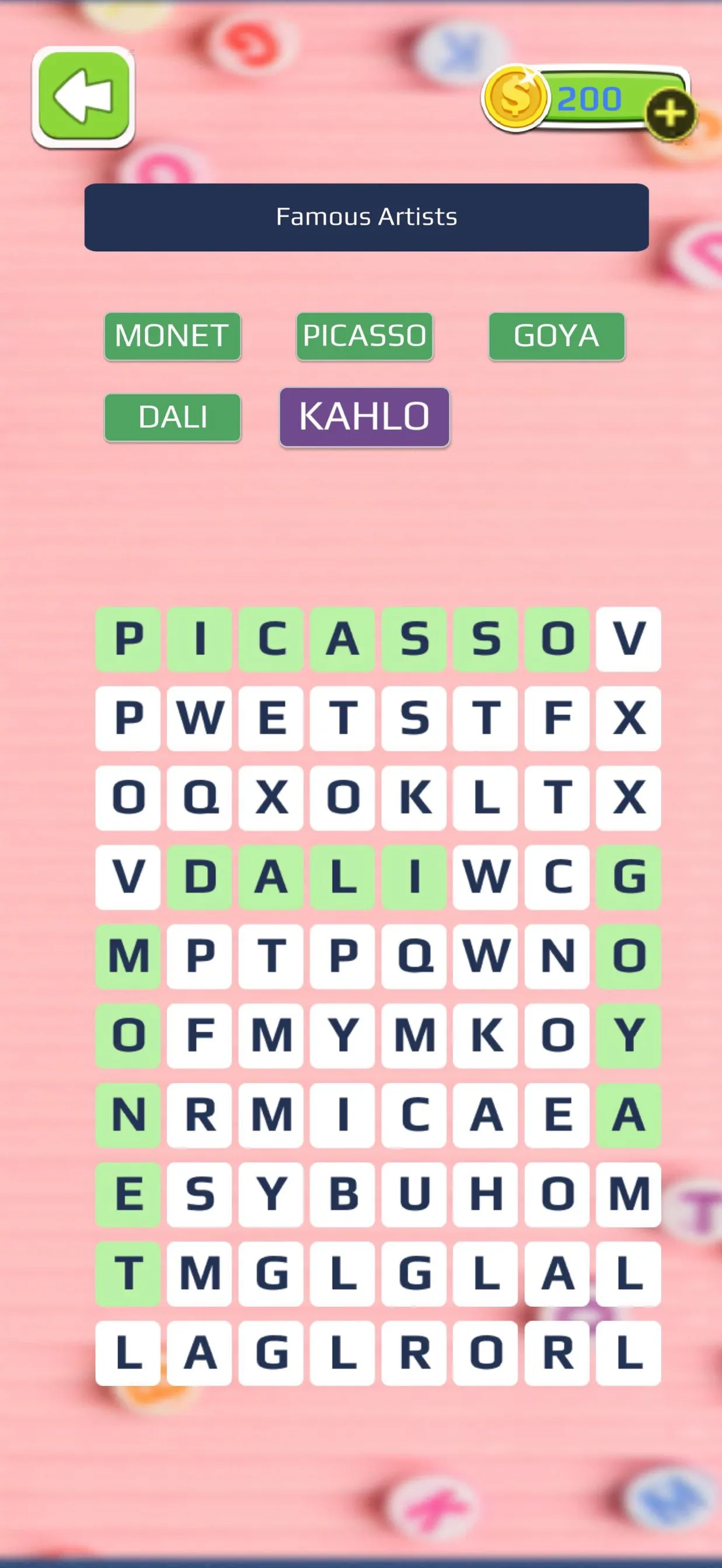 Daily Themed Word Search puzzle on Famous Artists: Monet, Picasso, Goya, Dali and Kahlo above the letter grid
