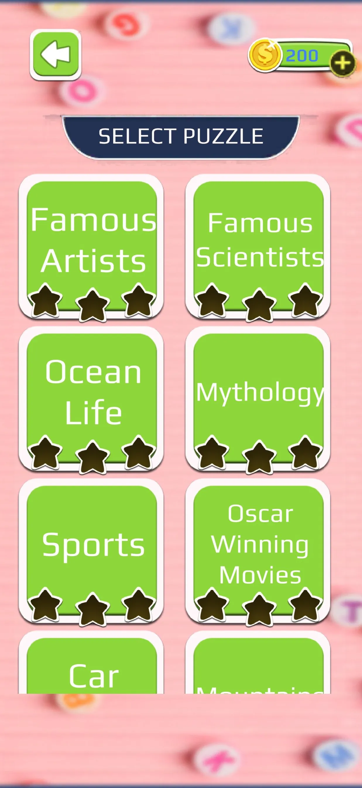 The Select Puzzle screen with theme packs such as Famous Artists, Famous Scientists, Ocean Life, Mythology, Sports and Oscar Winning Movies