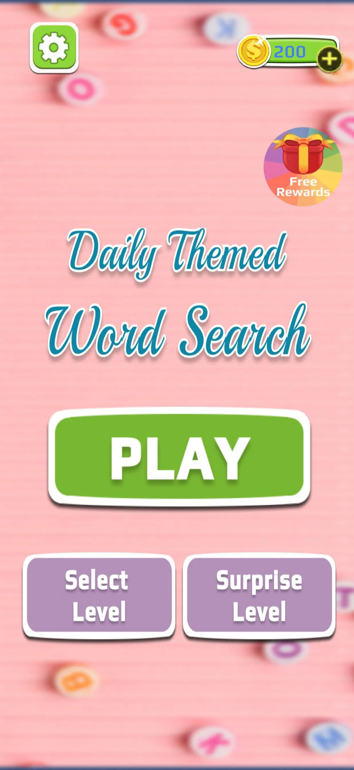Daily Themed Word Search title screen with Play, Select Level and Surprise Level buttons