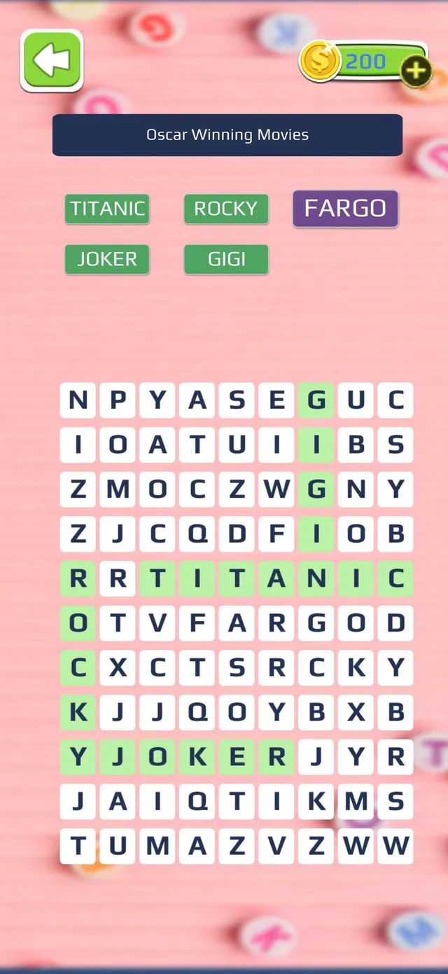 Daily Themed Word Search puzzle on Oscar Winning Movies: Titanic, Rocky, Fargo, Joker and Gigi listed above a letter grid with found words marked in green