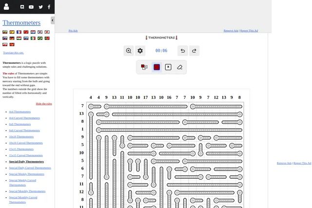 The Special Daily Thermometers on puzzle-thermometers.com: a 20x20 grid packed with empty thermometers, fill counts above each column and beside each row, and the rules in the side panel