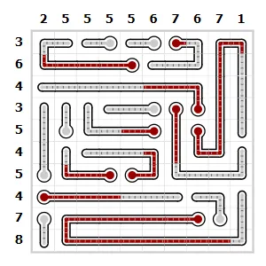A solved Thermometers grid with red mercury filled from the bulbs and counts beside each row and column