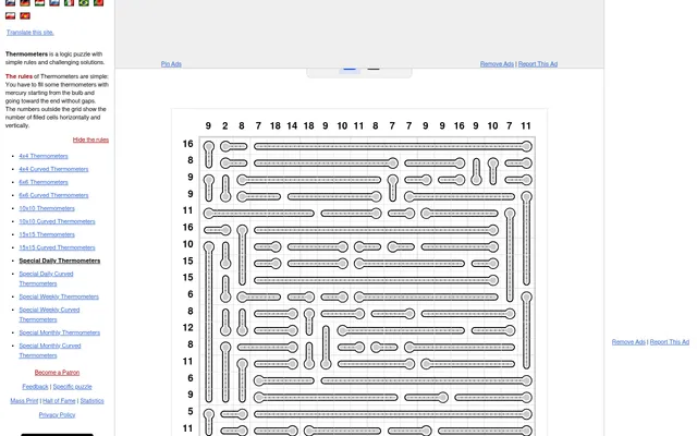 The Special Daily Thermometers on puzzle-thermometers.com: a 20x20 grid packed with empty thermometers, with filled-cell counts above each column and beside each row