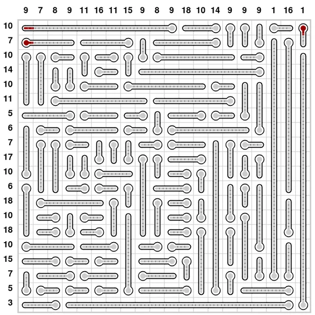 The board of the 21 October 2026 Special Daily Thermometers: a 20x20 grid of thermometers with row and column counts, three cells filled with red mercury
