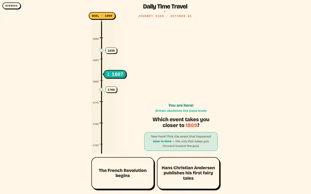 Daily Time Travel journey #108 on October 21: a timeline at 1807 heading for the goal year 1869, with two event cards to choose from