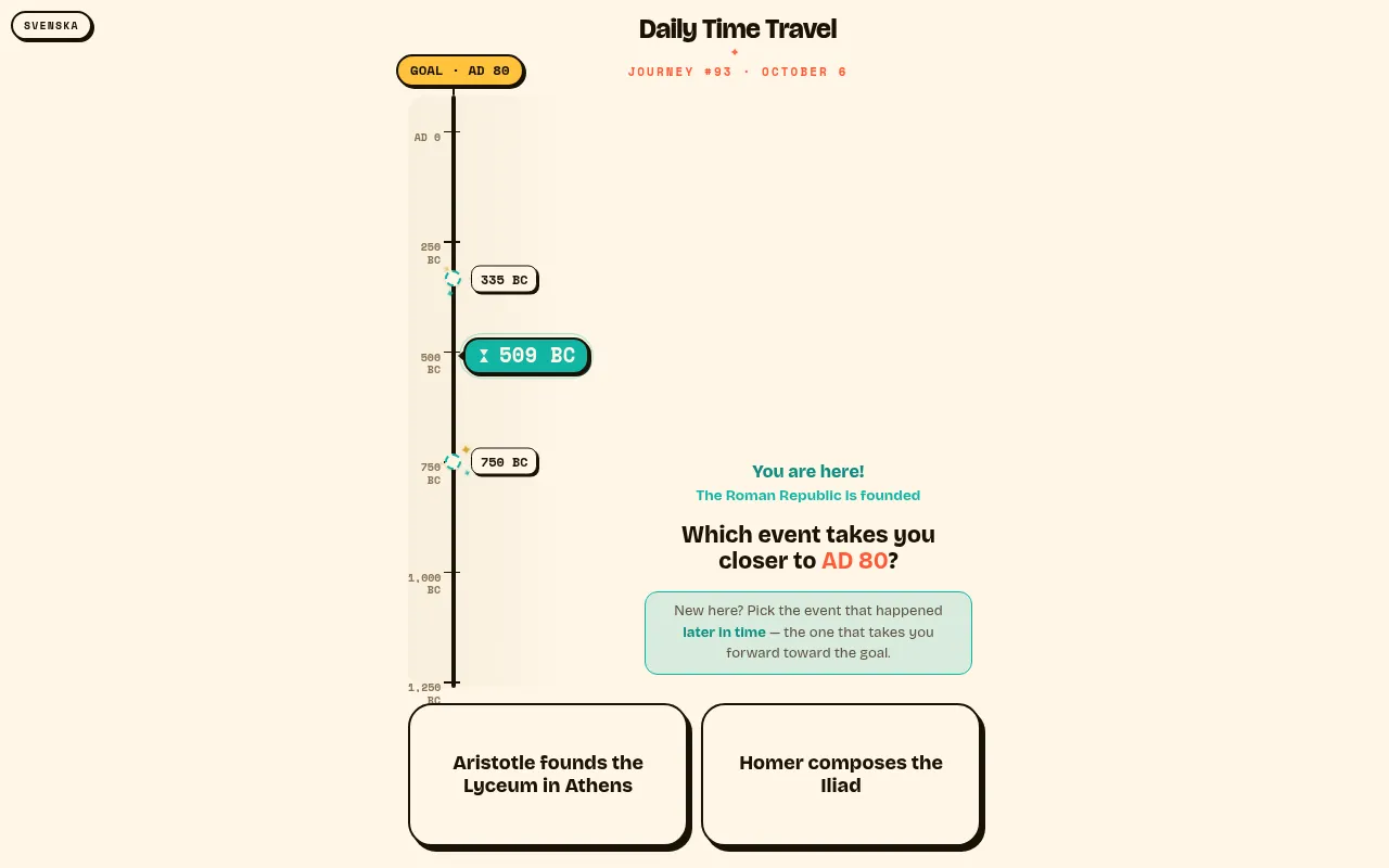 Daily Time Travel journey #93: a vertical timeline toward the goal year and two event cards to choose from