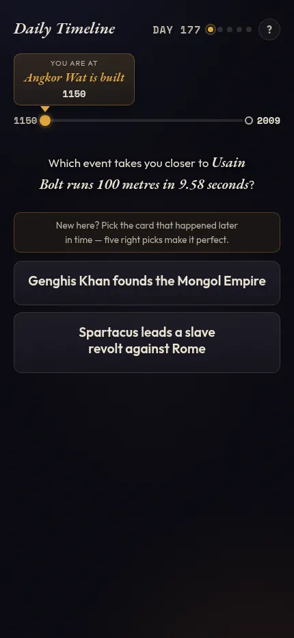 Daily Timeline at phone size: the day 177 journey from Angkor Wat to Usain Bolt with the timeline bar and two event cards