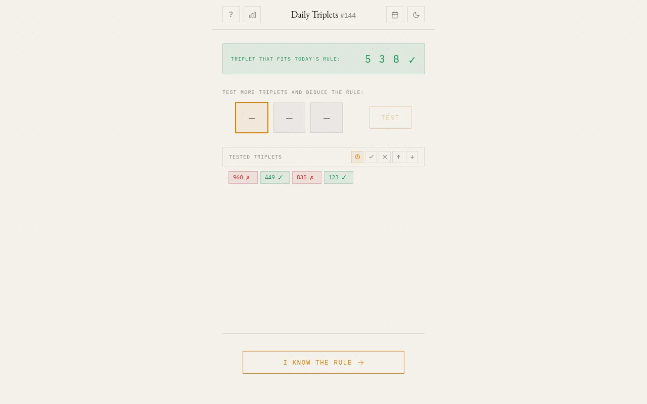 Daily Triplets #144 on desktop: the starting triplet 5 3 8 marked as fitting, empty digit boxes with Test, and tested triplets 960 and 835 crossed, 449 and 123 ticked